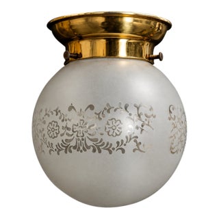 Vintage MCM Mis Century Ceiling Light Frosted Glass Globe Shade Floral Brass For Sale
