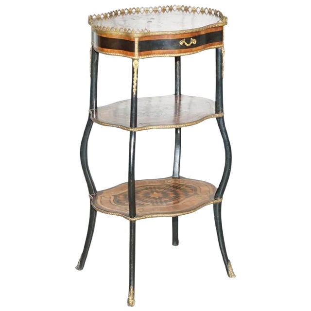 Napoleon III Ebonised and Inlaid Three-Tier Side Table in Fruitwood with Brass Gallery For Sale