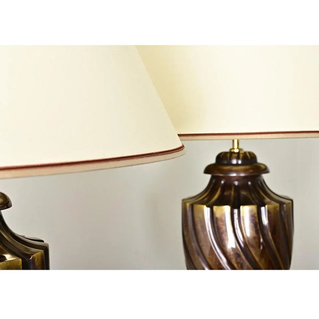 French Pair of Vintage Heavy Brass Urn Table Lamps For Sale - Image 9 of 12