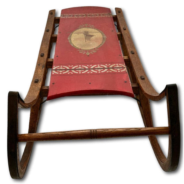 Outstanding Late 19th Century Antique American Hand Painted Steam Bent Oak Childs Snow Sled For Sale - Image 11 of 18