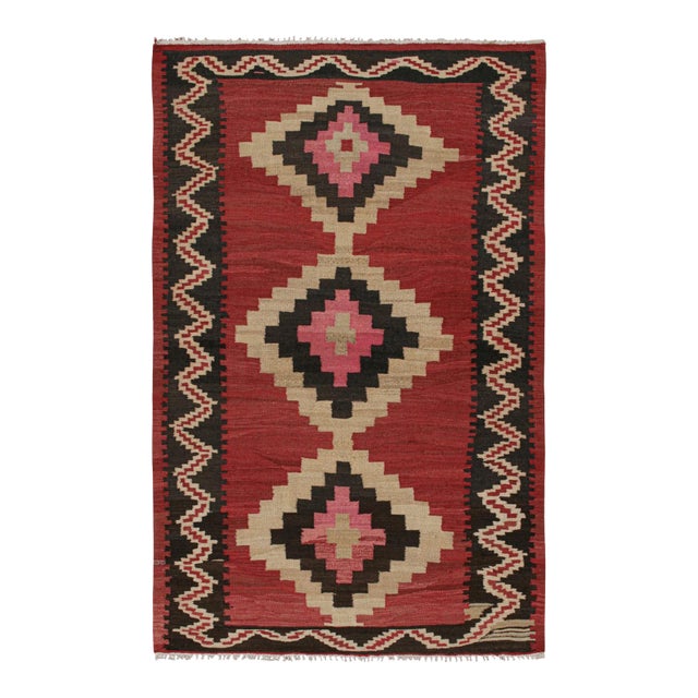 1950s Vintage Shahsavan Persian Kilim in Red, Beige & Black Patterns by Rug & Kilim For Sale