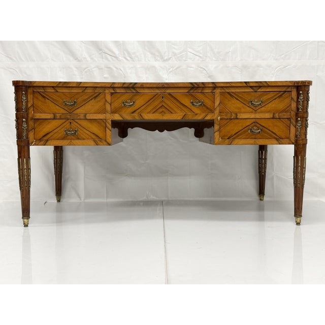 French Antique Italian Louis XVI Walnut Bronze Leather Partner’s Writing Desk For Sale - Image 3 of 18