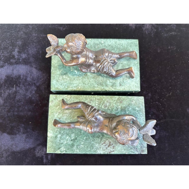 Pair of Bronze Cherub Sculptures on Green Marble Bases, Early 20th Century For Sale In Orlando - Image 6 of 9