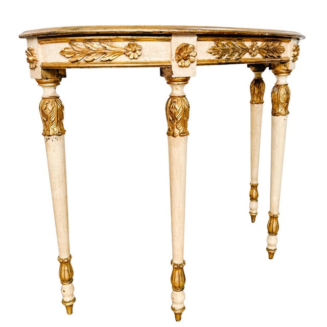 1950s Neoclassical Style Italian Gilt & Cream Painted Finish Demilune Console Table For Sale - Image 4 of 13