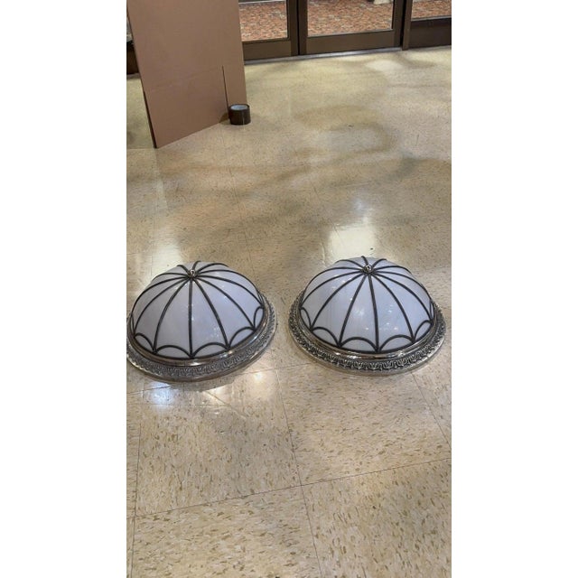 Circa 1940's silver plated bronze and leaded glass light fixture with 3 interior lights