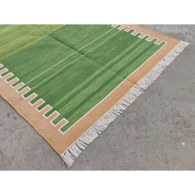 Mid-Century Modern Handmade Cotton Rug, Green with Light Tan Geometric Border and Cream Fringe - 4'x6' For Sale - Image 3 of 9