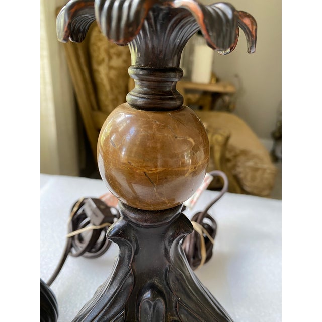 Vintage Pair of Ornate Table Lamps With Polished Natural Stone Spheres, Dark Bronze & Brass Finish, Traditional European Style For Sale - Image 10 of 10