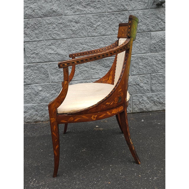 Wood 18th Century Neoclassical Dutch Marquetry Satinwood Inlays and Upholstered Armchair For Sale - Image 7 of 9