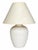 A sculptural urn-form table lamp featuring a richly textured white finish, rounded shoulders, and raised horizontal bands...