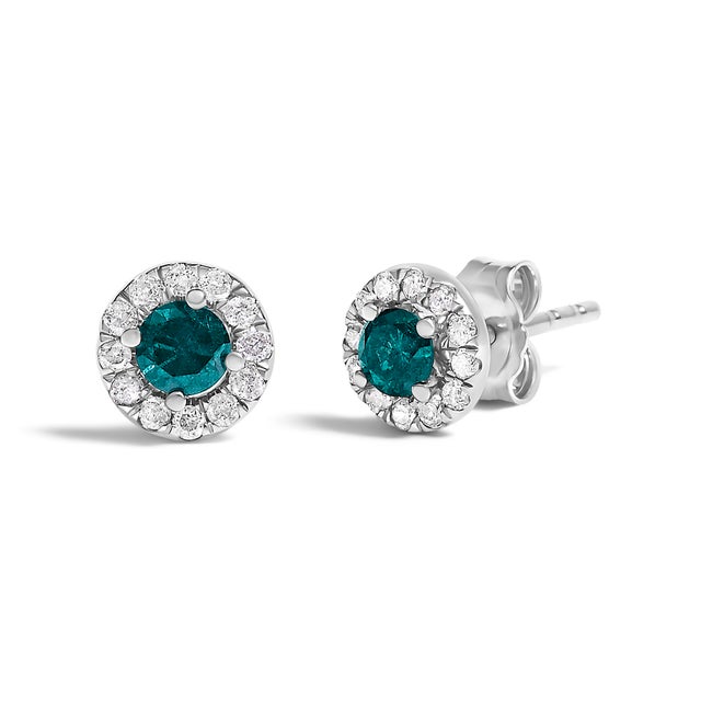Contemporary .925 Sterling Silver 1/2 Cttw Blue Diamond Halo Stud Earrings, Pair For Sale - Image 3 of 4
