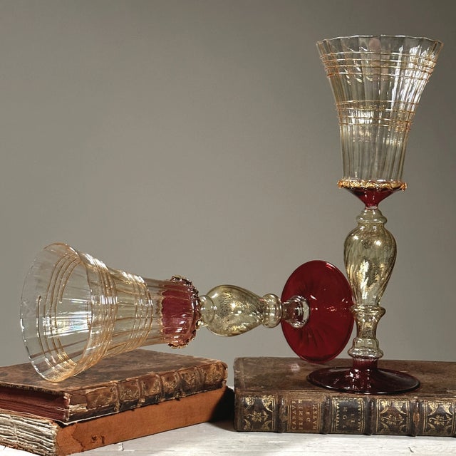 Vintage Venetian Murano Art Glass Hand Blown Goblet (Pair). A pair of Hand Blown Murano Goblets with areas of red and the...