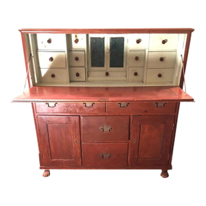 19thc Medical Paw Foot Cabinet Desk W/Original Milk Paint & Colored Glass Panels