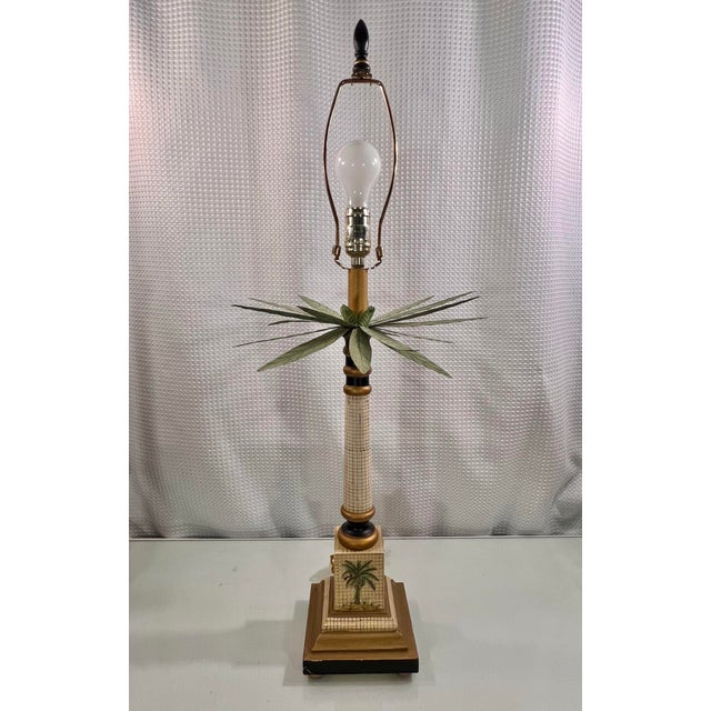Traditional Vintage Palm Beach Regency Style Hand Painted Palm Tree Column Table Lamp With Shade For Sale - Image 3 of 10