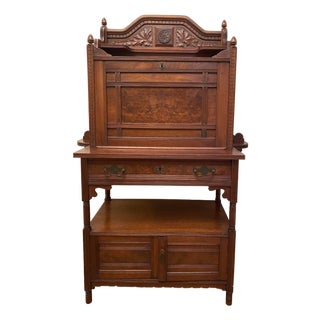 Antique Victorian Art Nouveau Carved Walnut Secretary Desk, Late 19th Century For Sale