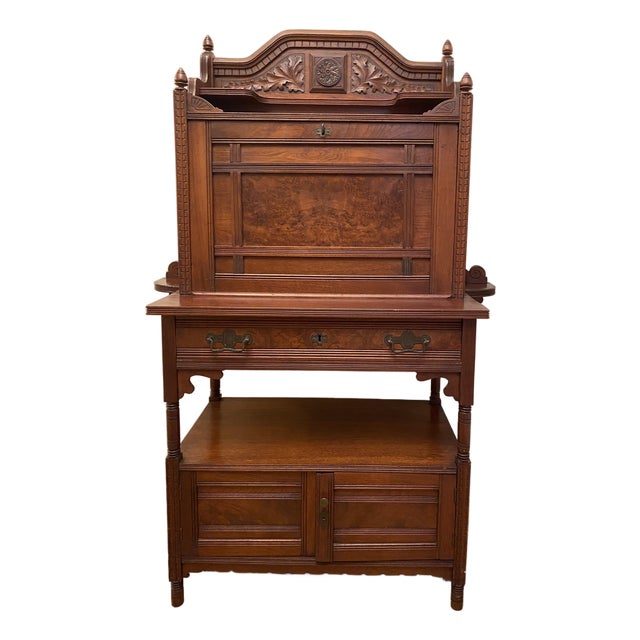 Antique Victorian Art Nouveau Carved Walnut Secretary Desk, Late 19th Century For Sale