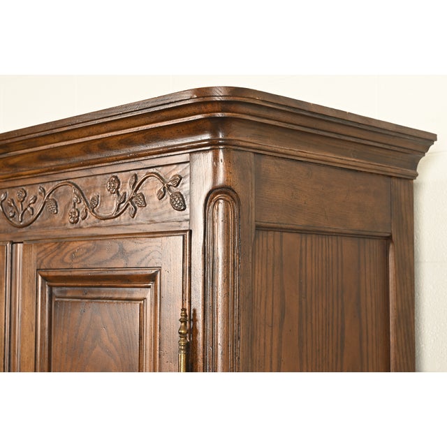 Baker Furniture French Provincial Louis XV Carved Oak Armoire Dressers or Linen Presses, Pair For Sale - Image 9 of 18