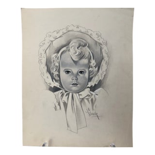 1940s Original Signed Graphite Illustration of Young Child in Bonnet, 11 × 9 In. For Sale