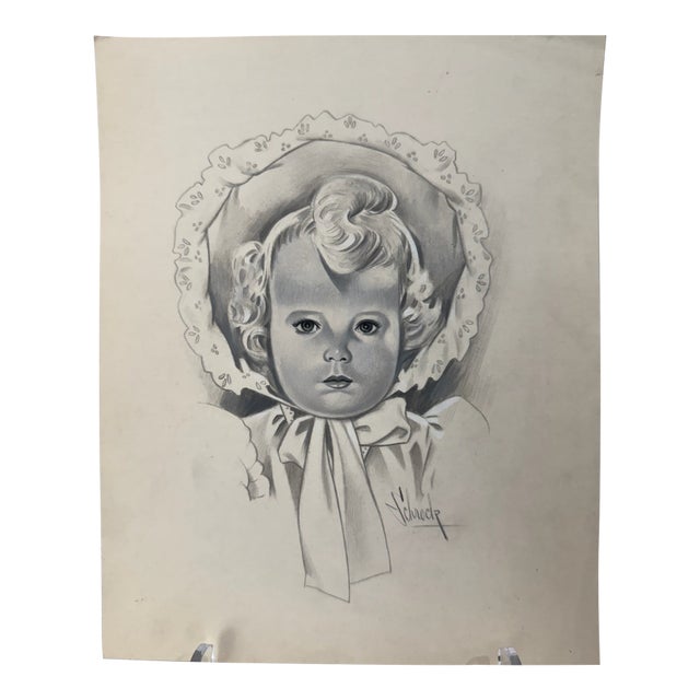 1940s Original Signed Graphite Illustration of Young Child in Bonnet, 11 × 9 In. For Sale