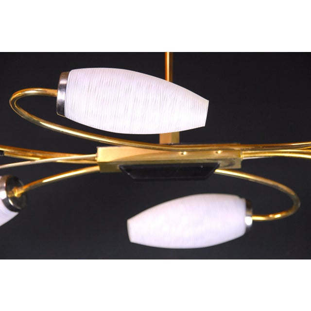 Mid 20th Century Maison Lunel, Brass Chandelier and Six Opalines Shades, Mid-Century France For Sale - Image 5 of 7