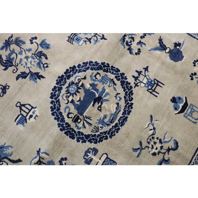 Textile Early 20th Century Zabihi Collection Rare Slate Blue Chinese Square Rug - 6' x 6'1" For Sale - Image 7 of 8