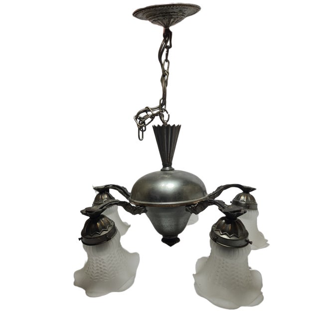Teal Vintage Art Nouveau Chandelier, Poland, 1970s For Sale - Image 8 of 12