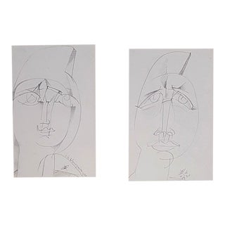 Woman's Face and the Face of Man Drawing by Henry de Waroquier, 1920, Set of 2 For Sale