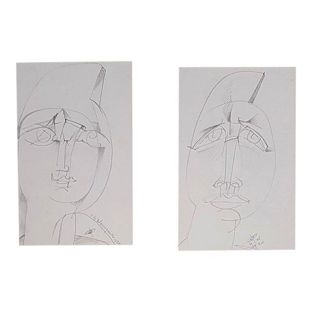 Woman's Face and the Face of Man Drawing by Henry de Waroquier, 1920, Set of 2 For Sale