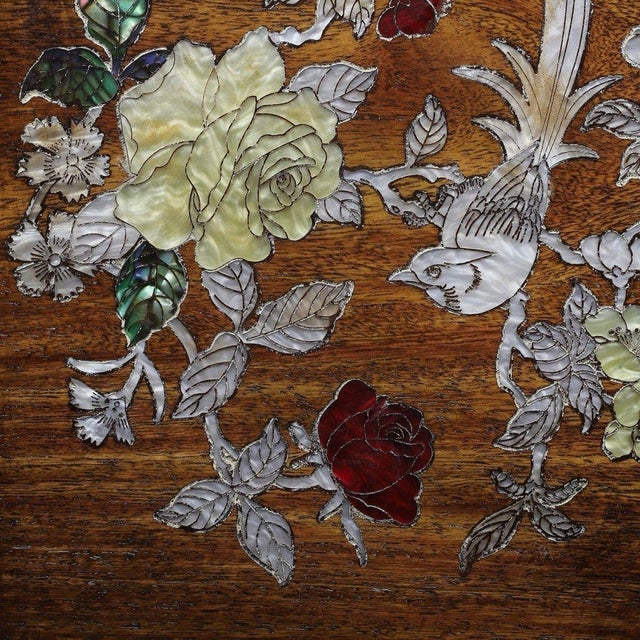 Brown Square Wooden Tray With Mother-of-Pearl Bird and Rose Inlay For Sale - Image 8 of 10