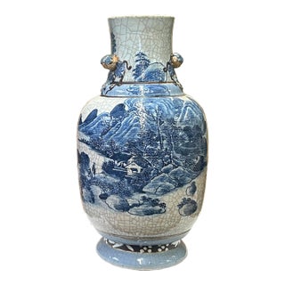 Vintage Chinese Crackle Ceramic Blue White Hand-Painted Scenery Vase For Sale