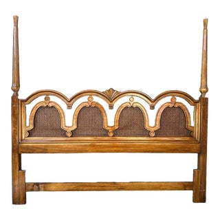Vintage Spanish Style Drexel King Size Headboard in Oak, Burlwood and Caning For Sale
