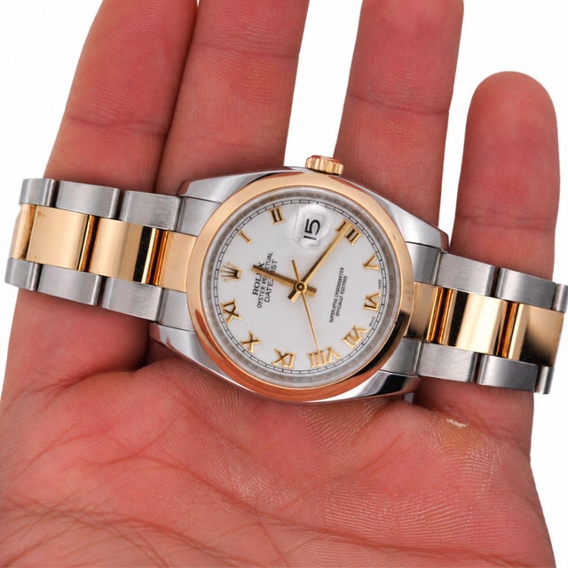 White Rolex Datejust 116203 36mm White Roman Dial Two-Tone 18k Gold Oyster Watch For Sale - Image 8 of 9