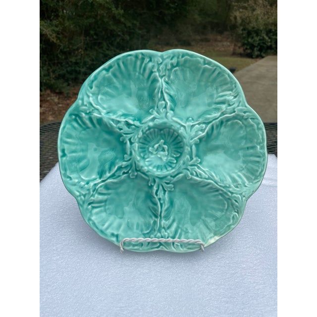 1940s French Gien Turquoise Majolica Oyster Plate For Sale - Image 11 of 14