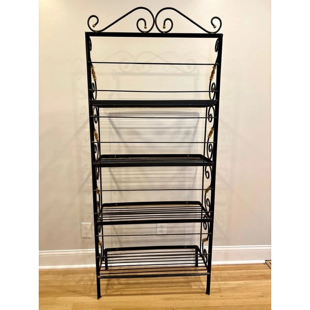 Vintage French Style Four Tier Scrolled Wrought Iron & Brass Baker's Rack For Sale - Image 4 of 10