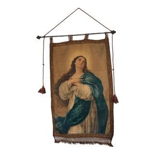 19th Century Italian Religious Banner Mary Immaculate Conception Tassels For Sale