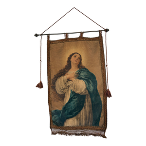 19th Century Italian Religious Banner Mary Immaculate Conception Tassels