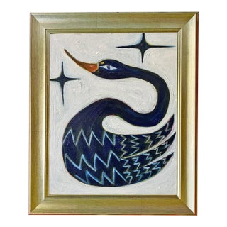 Original Framed Swan Painting Wall Art, Oil on Canvas in Gold Frame, 11" X 14" Minimalist Boho Home Decor For Sale