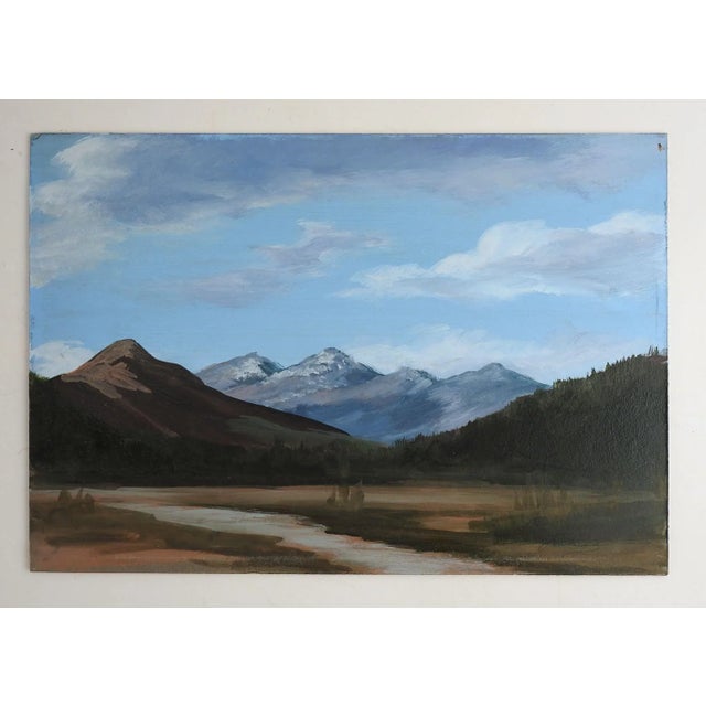 Acrylic on mat board painting of mountains and river valley. Signed Frances lower right corner, small area paint loss...