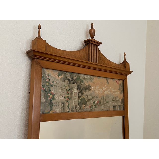 Wood 1920s Pecan Fruitwood French Provincial Wall Mirror With Watercolor Painting For Sale - Image 7 of 9