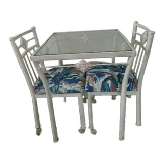 1970s Metal Dining Patio Set Square Table Glass Top White Chairs on Wheels Set of 3 For Sale