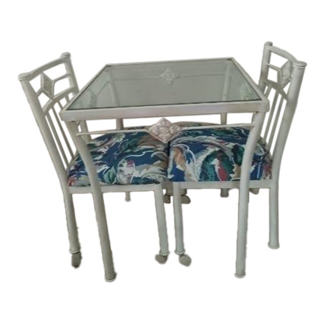 1970s Metal Dining Patio Set Square Table Glass Top White Chairs on Wheels Set of 3 For Sale