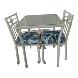 1970s Metal Dining Patio Set Square Table Glass Top White Chairs on Wheels Set of 3