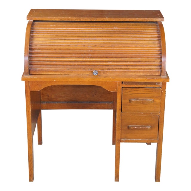 Antique Victorian Oak Childs Cylinder Roll Top Library Writing School Desk Table For Sale