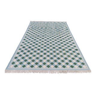 Handmade Cotton Vegetable Dyed Checked Gingham Rug in Sky Blue With Cream and Forest Green - 6x9 For Sale
