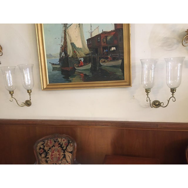 1920s George III Style Pair of Crafted Brass Wall Sconces With Glass Hurricanes - a Pair For Sale - Image 10 of 10