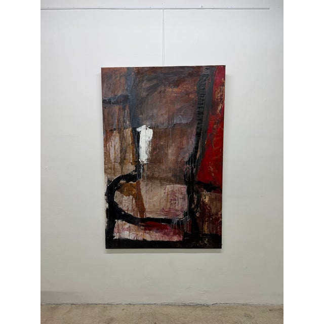 Large-scale abstract painting defined by rich texture and powerful gestural energy. The artwork balances a palette of deep...