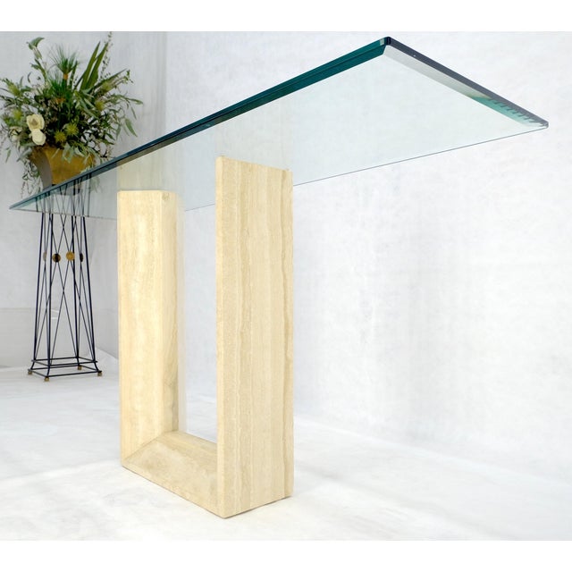 Angelo Mangiarotti Travertine Sculptural Low Profile U Shape Base Glass Top Console Table MINT For Sale - Image 4 of 14