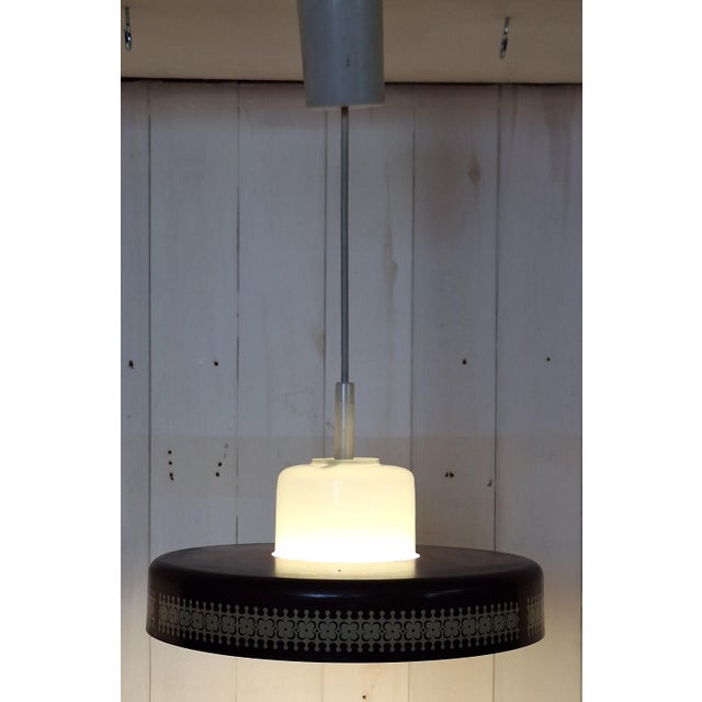 Metal Vintage Hanging Lamp with Opaque White Inner Glass Shade and Brown Metal Trim, 1970s For Sale - Image 7 of 7