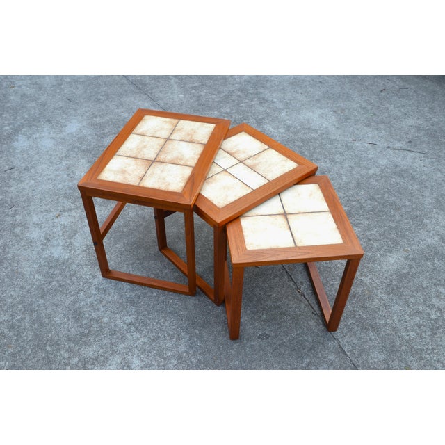 Mid-Century Modern Danish Modern Teak Nesting Tables With Tile Tops by Brdr. Furbo - Set of 3 For Sale - Image 3 of 9