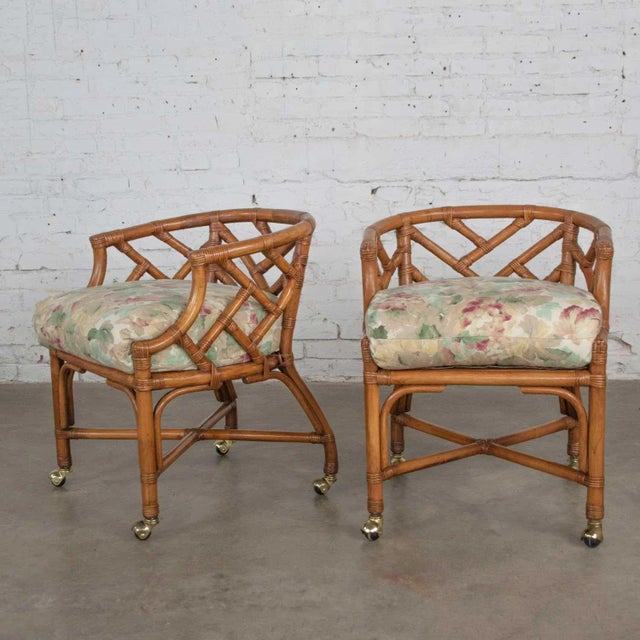Vintage Chinese Chippendale Rattan Rolling Accent Chairs by Henry Link for Wicker - A Pair For Sale - Image 13 of 13