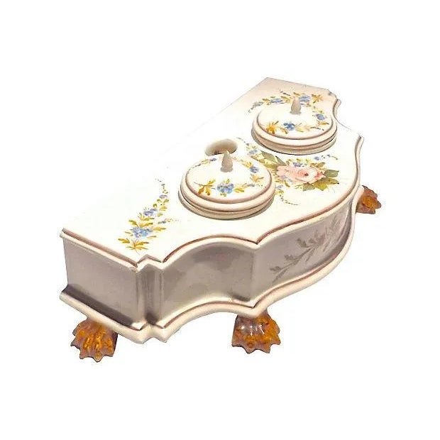 Vintage 1910-1950, Italian ceramic floral double inkwell with removable wells with lids. Center vase for pens or quills....